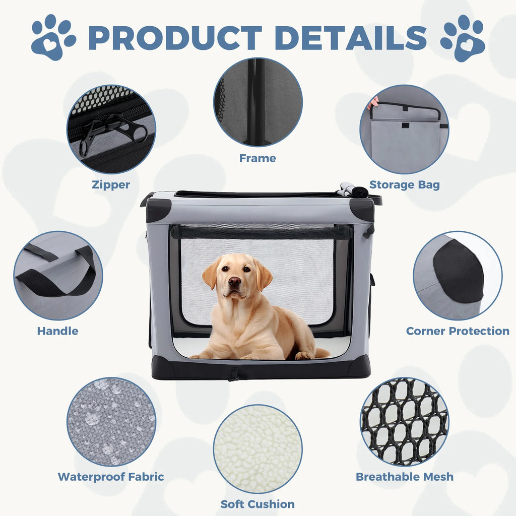 JHK 600D Oxford Fabric Foldable Soft Dog Crate Portable Pet Kennel with 3 Doors Use for Small to Extra Large Dogs Indoor