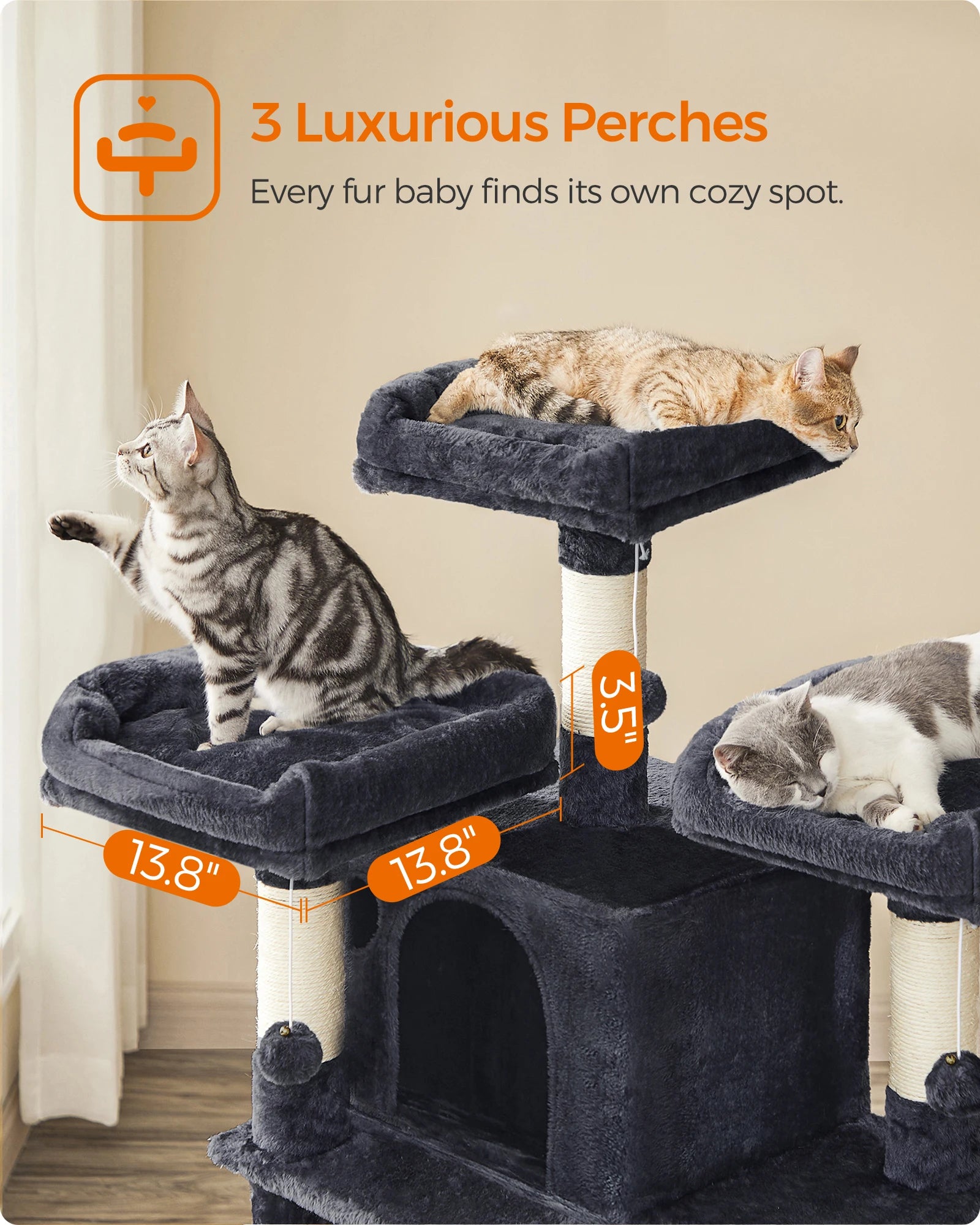 Feandrea 67 Inches Multi-Level Cat Tree for Large Cats, with Cozy Perches, Stable,
