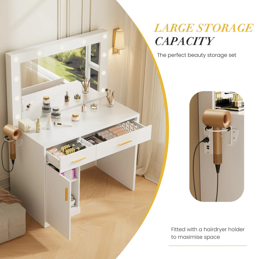 JHK Desser For Bedroom Vanity Desk with Mirror and Light Bulb or Strip LED Lights Adjustable Brightness with Charging Station