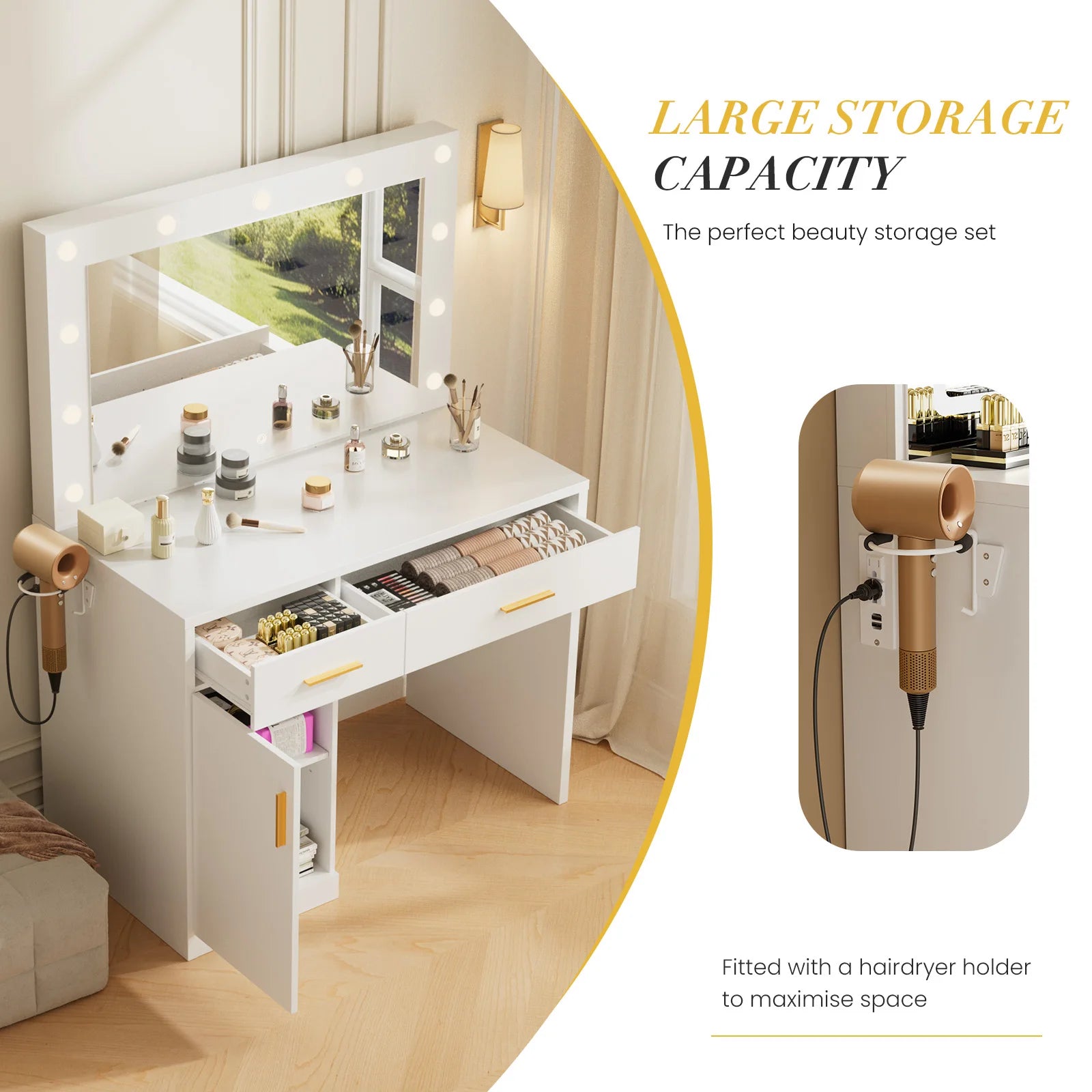 JHK Desser For Bedroom Vanity Desk with Mirror and Light Bulb or Strip LED Lights Adjustable Brightness with Charging Station