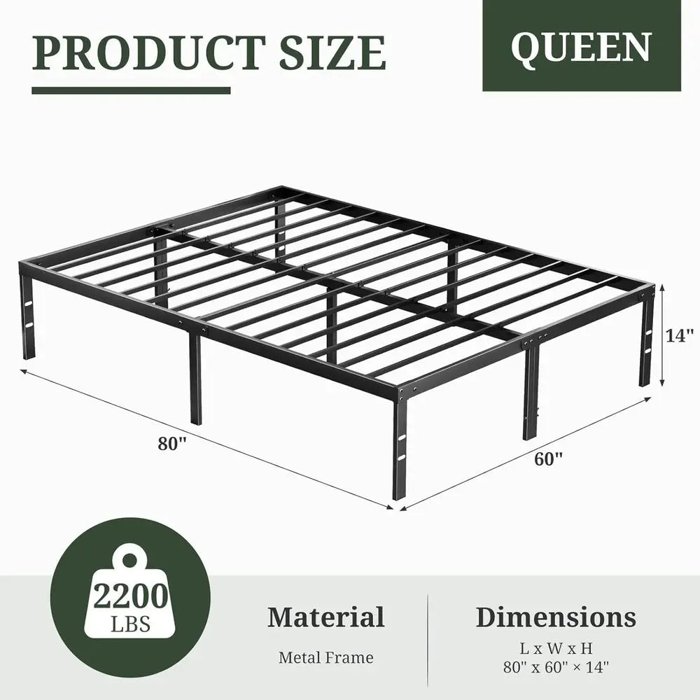 Queen Size 14 Metal Platform Bed with Steel Slat Support, No Box Spring Needed, Easy Assembly, Storage Space