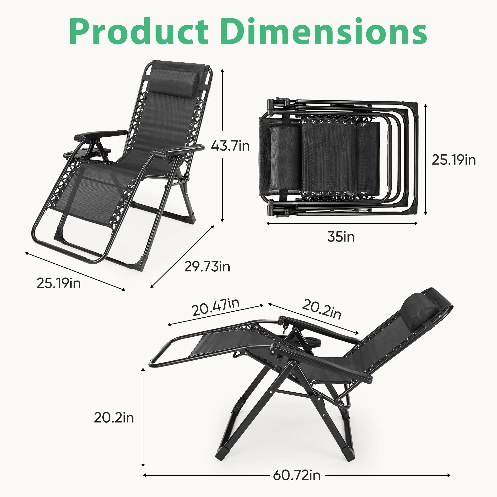 JHK Oversized Zero Gravity Cotton Padded Reclining Chair Foldable Lounge Chair with Adjustable Pillow Cup Holder For Patio