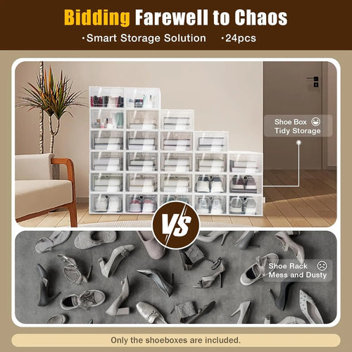24 Pack Shoe Storage Boxes, Clear Plastic Stackable Shoe Organizer, Foldable Shoe Rack, Space-Saving Home & Office Organizatio