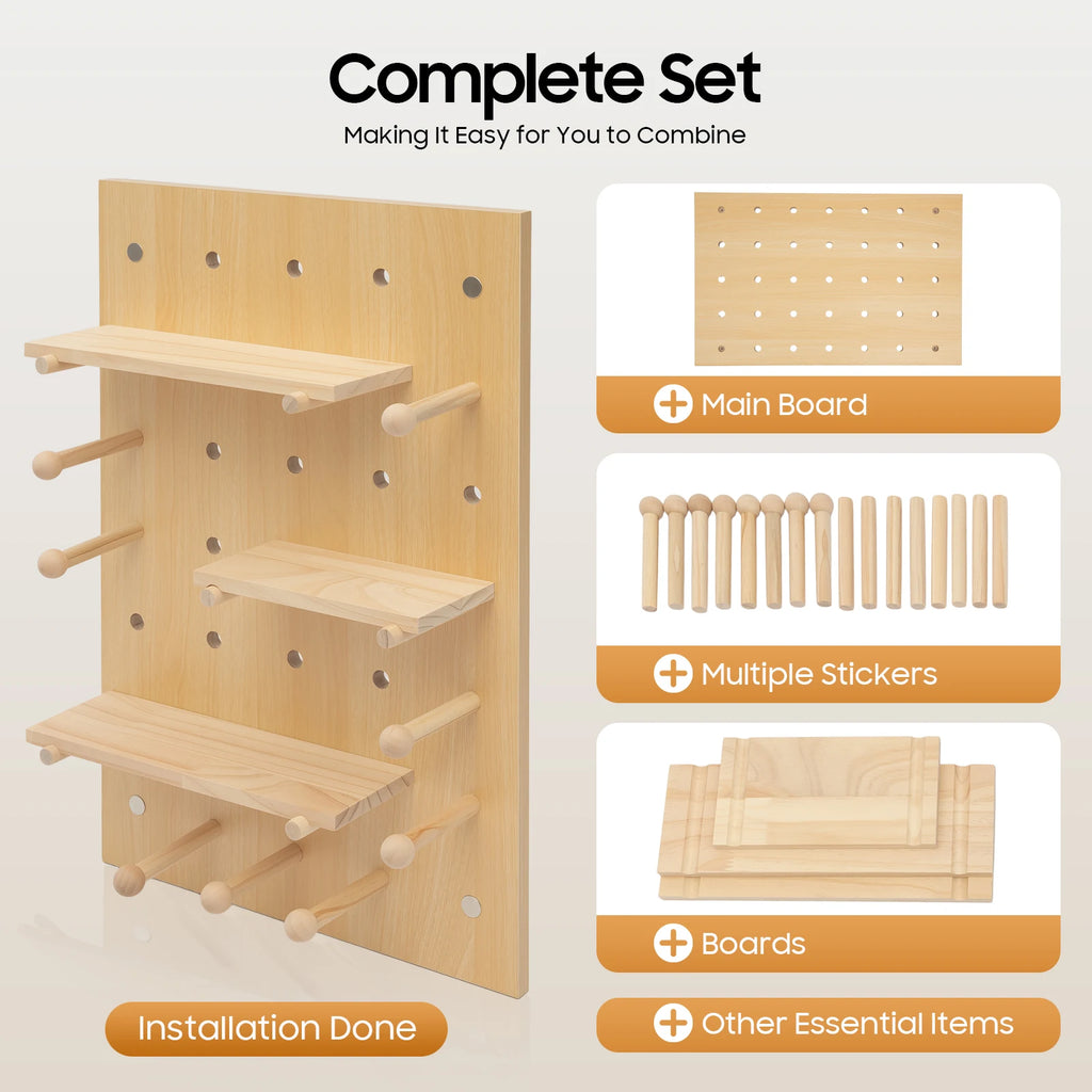 Wall Mount Wood Pegboard, Natural Wood Storage Display Shelf Wall Organizer, Kitchen Office DIY Tool Board Panel Rack Load 10kg