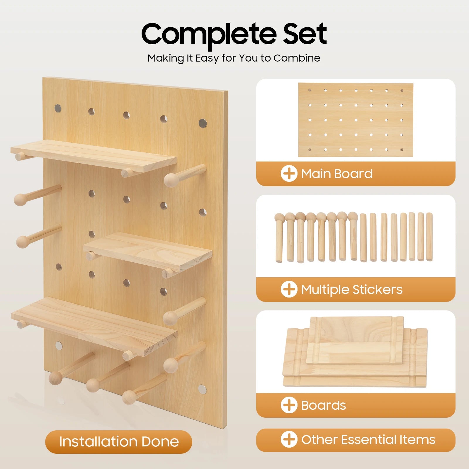 Wall Mount Wood Pegboard, Natural Wood Storage Display Shelf Wall Organizer, Kitchen Office DIY Tool Board Panel Rack Load 10kg