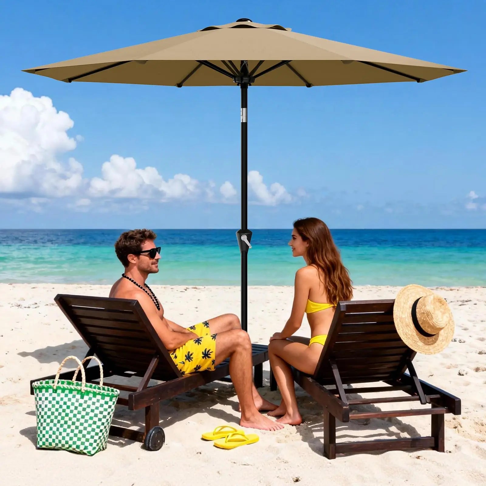 Nine Foot Patio Umbrella With Crank Tilt UV Protection For Outdoor Pool Deck