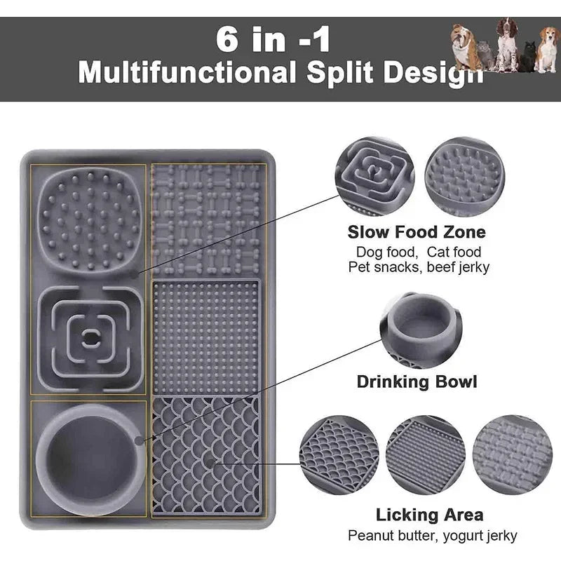 6-in-1 Silicone Rubber Slow Feeder Dog Bowl Set Pet Licking Pads, Pet Food Utensils Non-Slip Lick Mat & Water Bowl for Cats/Dogs