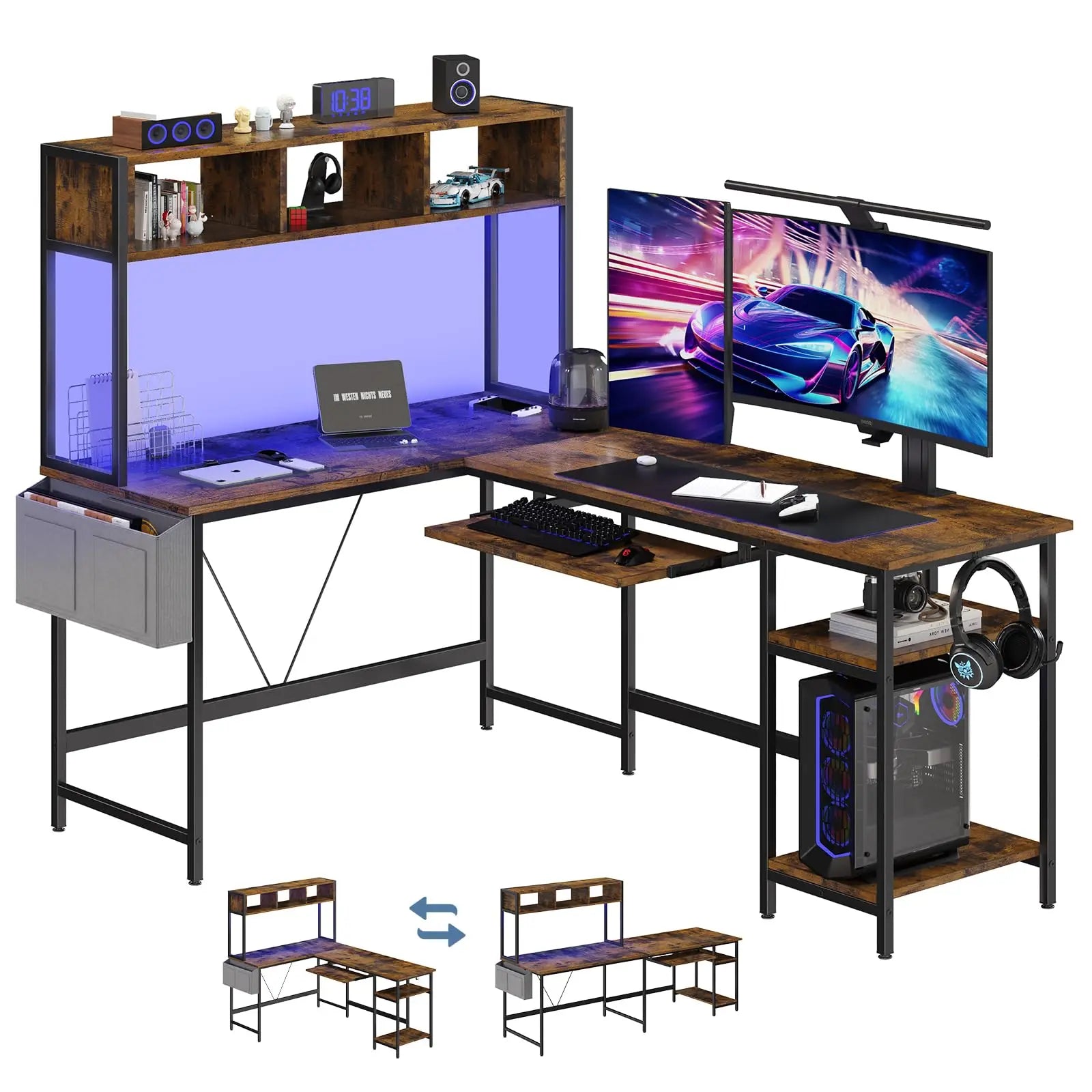JHK 67IN L Shaped Reversible Gaming Desk with Led Lights Corner Table Keyboard Tray Side Bag Storage Shelf Wood Table for Office