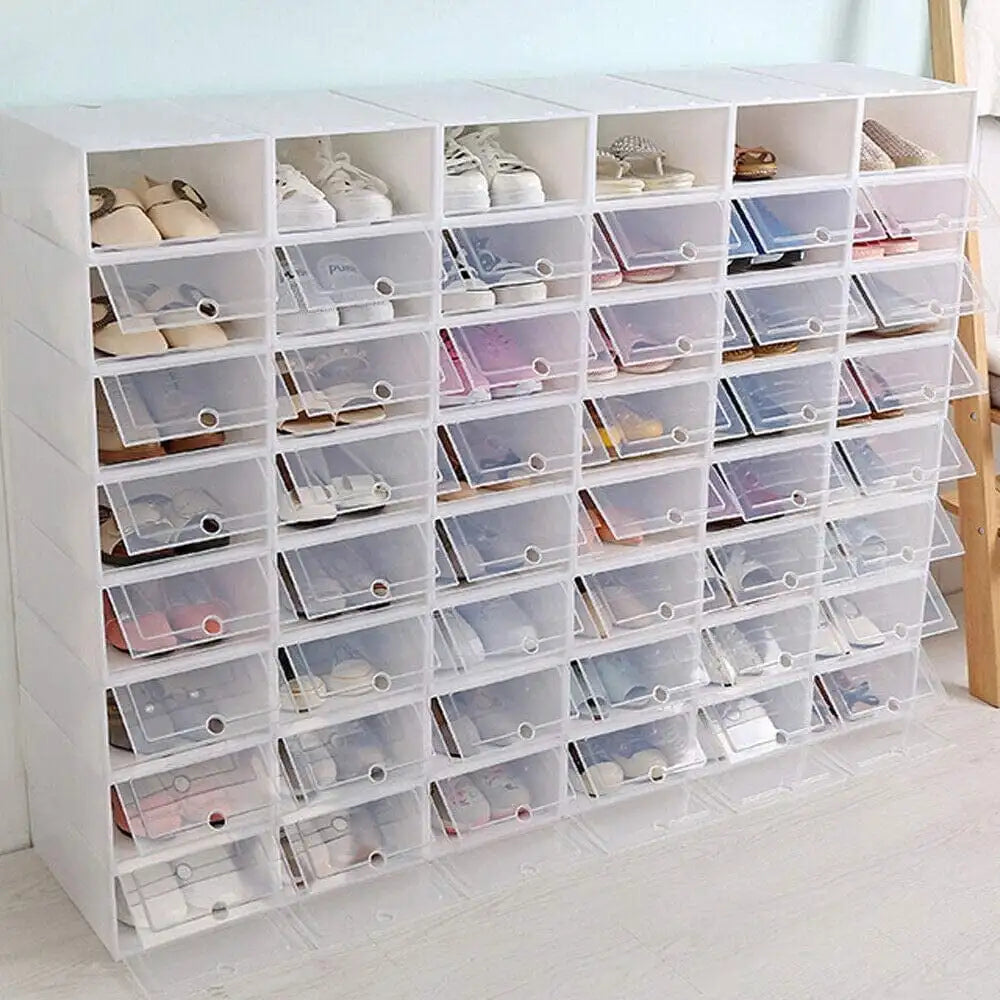 20/24PCS Foldable Flip Shoe Boxes Set Clear Plastic Stackable Storage Containers Home Organizer 33x23x14cm - Shoe Rack Case