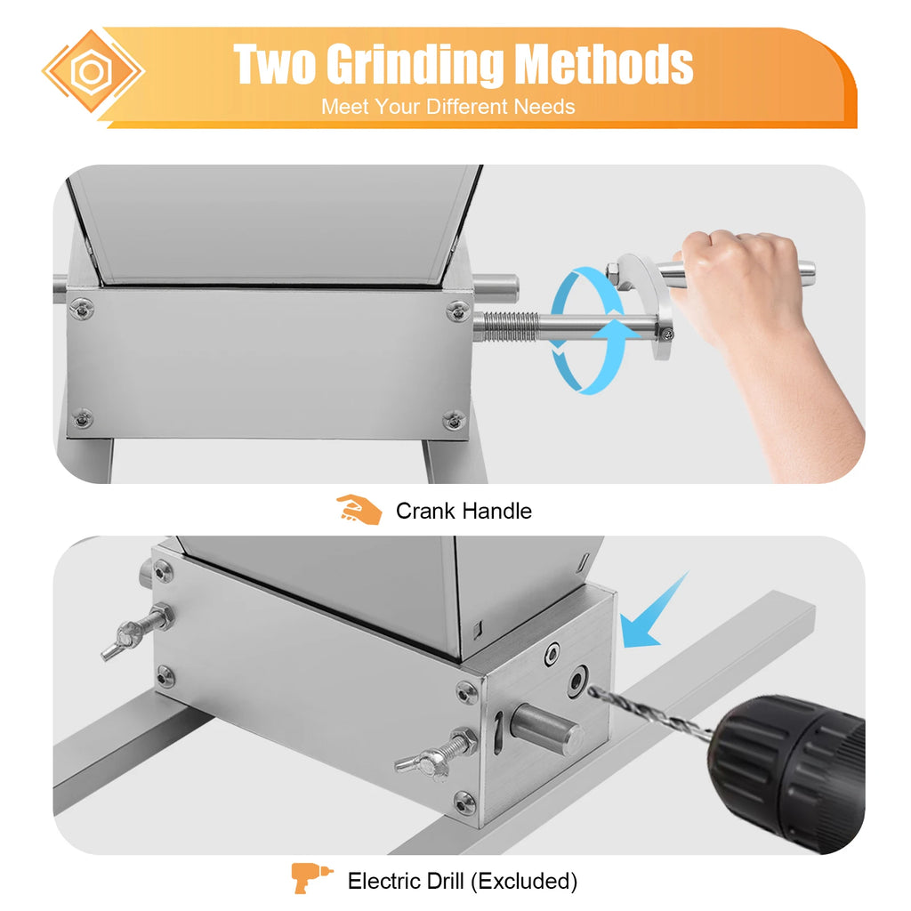 4L Grain Mill Grinder,Stainless Steel Manual Malt Crusher Hand Crank/Electric Drill Grain Grinder Milling Barley Wheat Home Brew