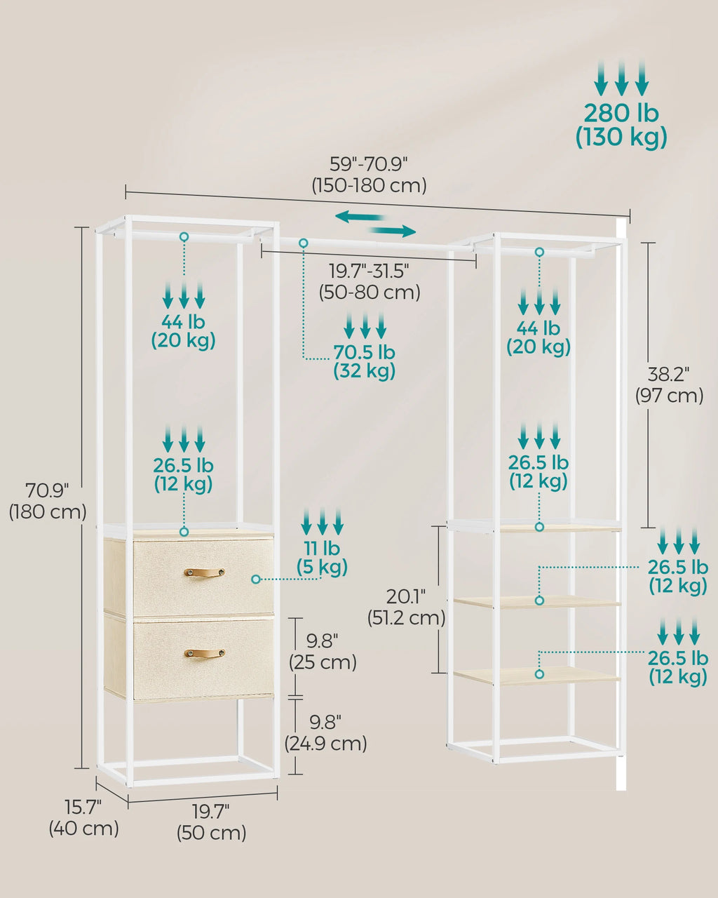 SONGMICS Clothes Rack, 70.9 Inch Wardrobe Freestanding Closet, Heavy Duty Garment Rack with 1 Extendable Hanging Rod, 2 Drawers
