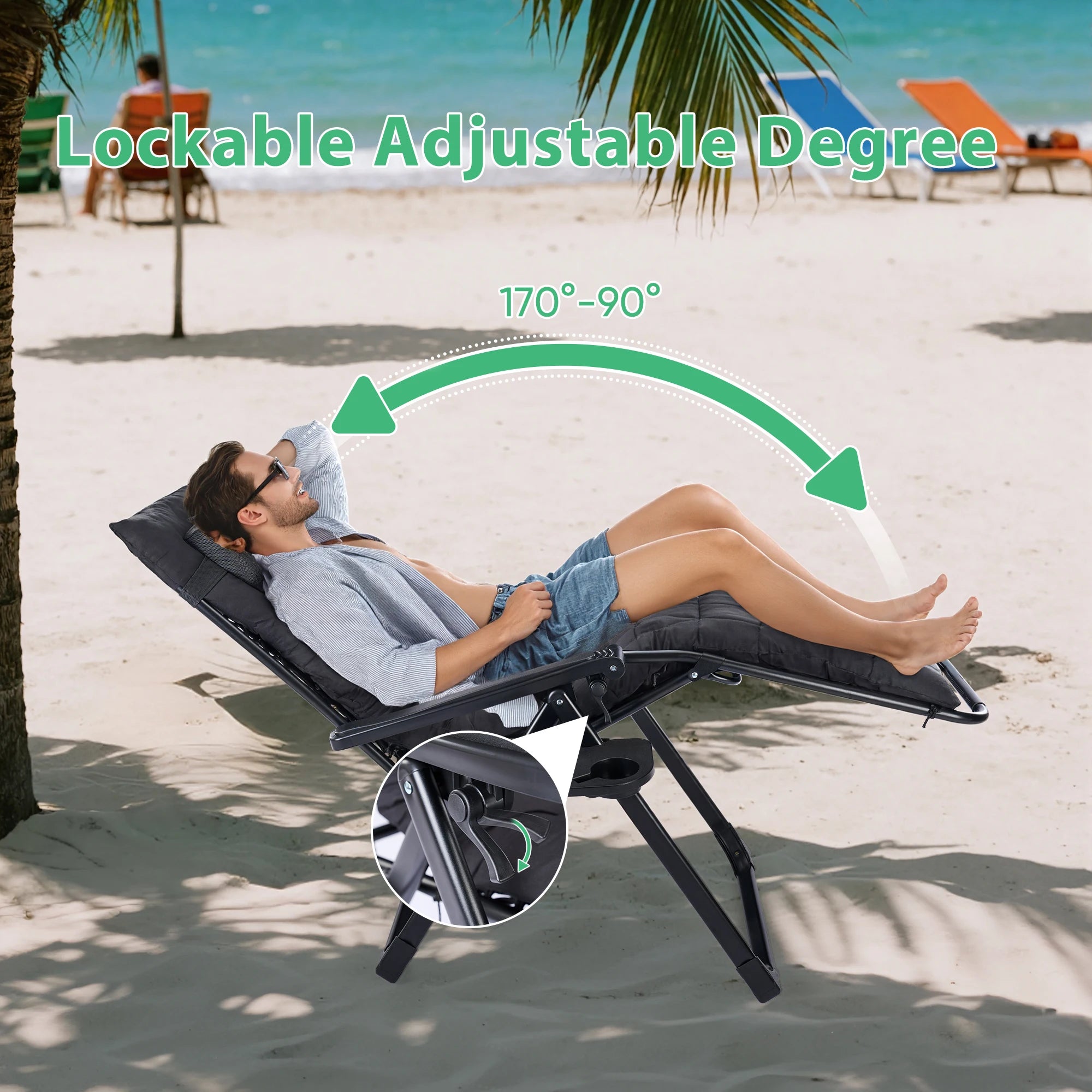 JHK Oversized Zero Gravity Cotton Padded Reclining Chair Foldable Lounge Chair with Adjustable Pillow Cup Holder For Patio