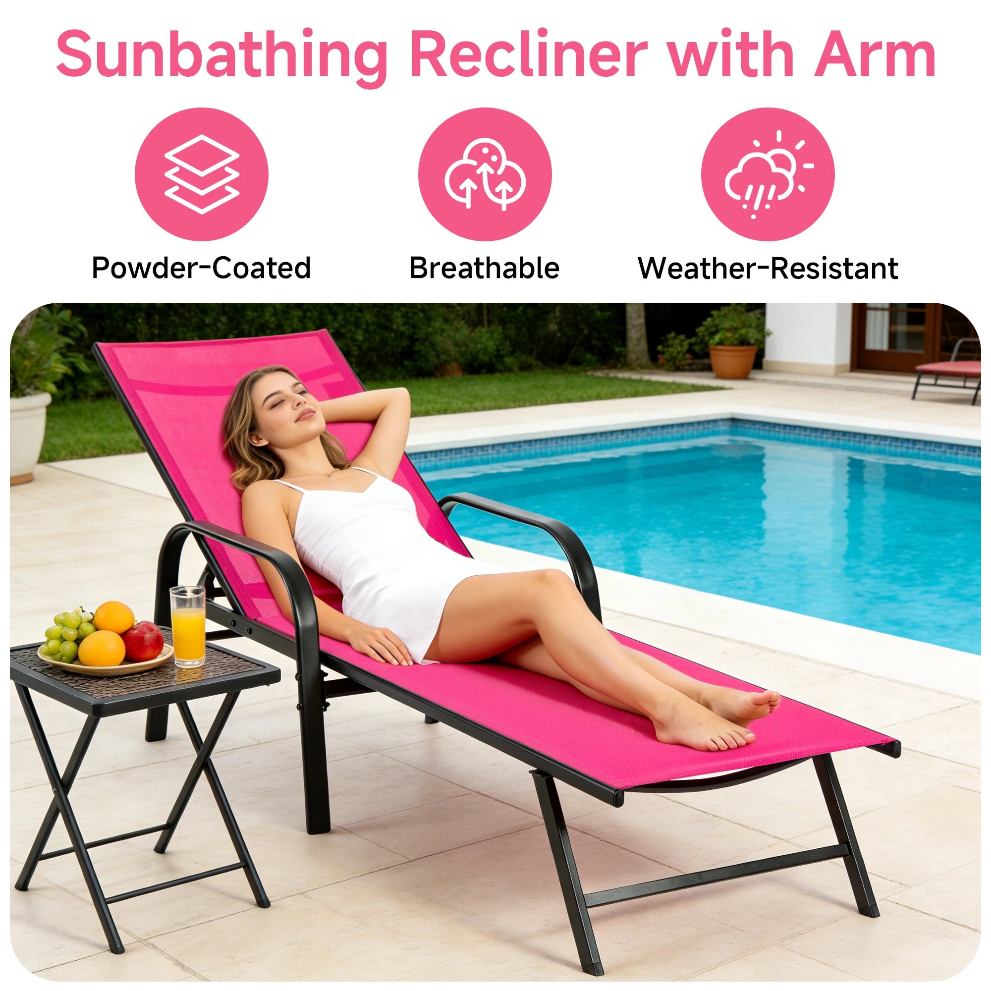 JHK Portable 8-legged Folding Beach Chair Outdoor Sun Chairs with Armrests Metal Frame Lounge Recliner Chair for Patio Backyard