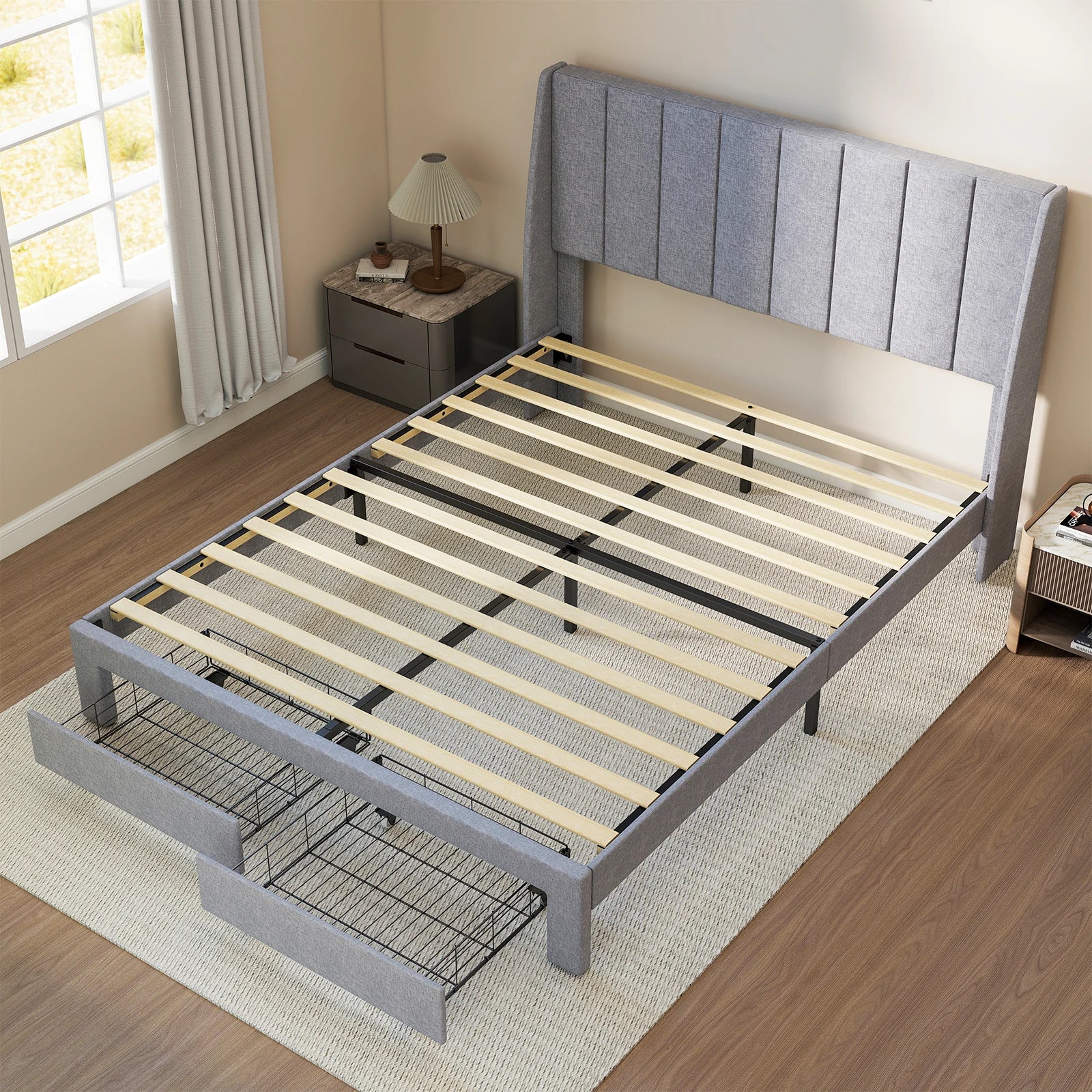 JHK Bed Frame with 2 Drawers Headboard Wood Slats Support Upholstered Platform Bed with and Storage Bed Frame for Home Bedroom