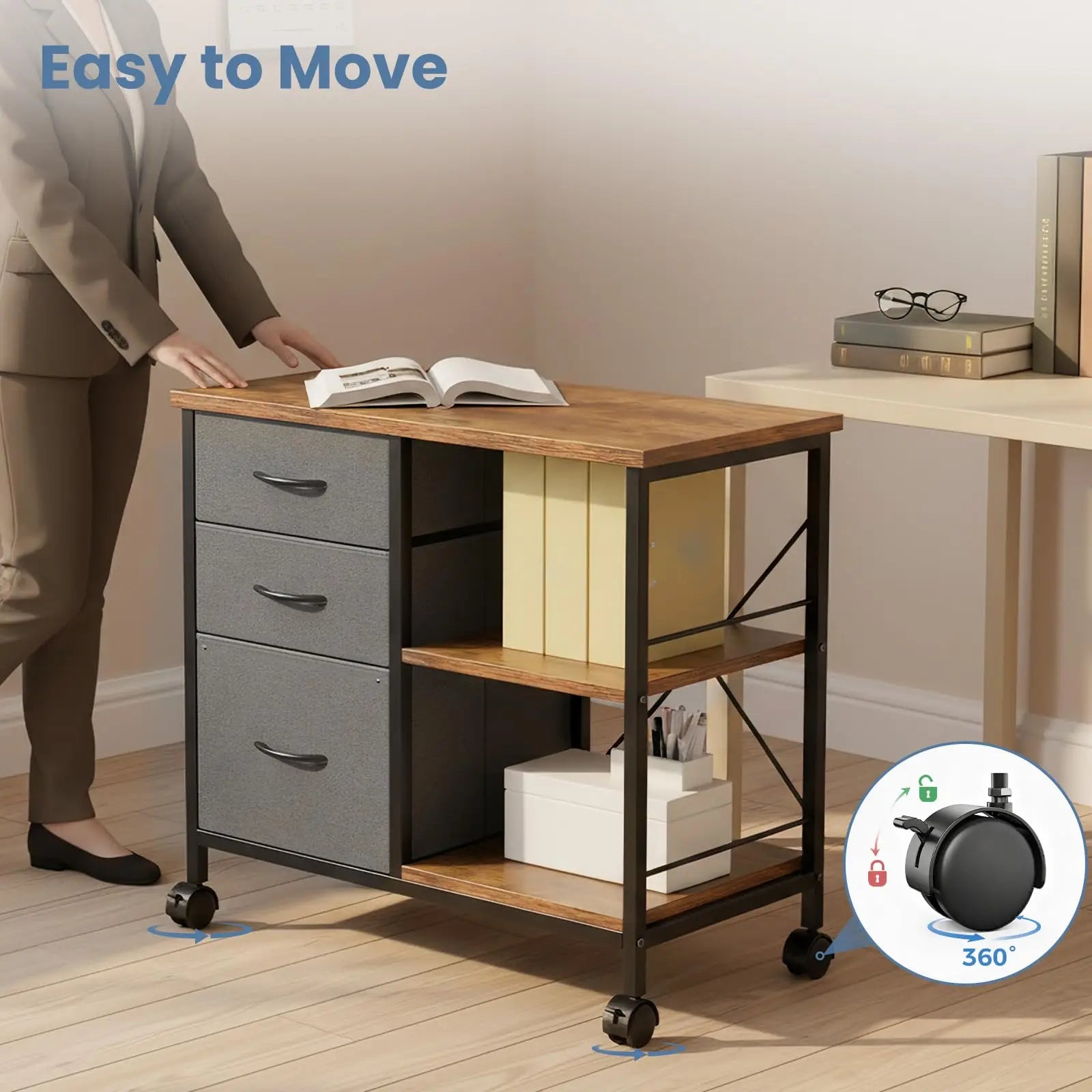 JHK 3 Fabric Drawers Mobile Living Room Cabinet With Wardrobe Steel Frame Assembly Closet Clothes Storage Cabinet Of Furniture