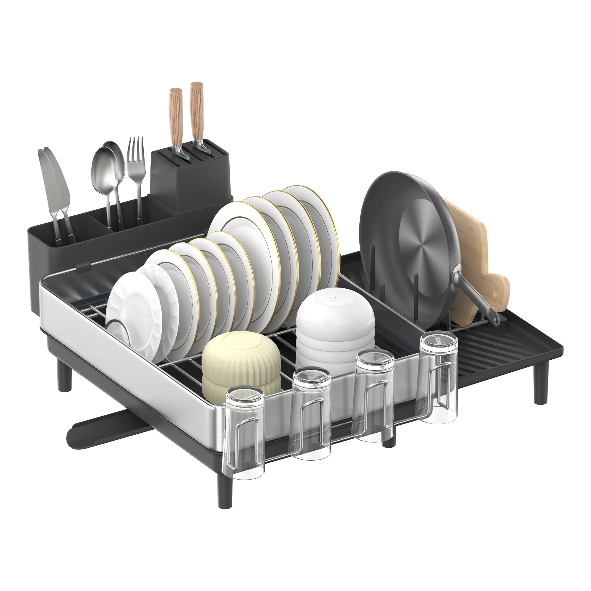 SONGMICS Large Dish Drying Rack, Expandable Dish Dryer for Kitchen Counter, Stainless Steel Dish Rack with Rotatable Spout, Uten