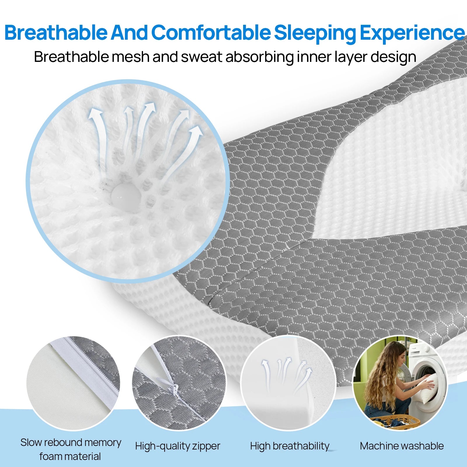 JHK Memory Foam Cervical Neck Double Sided Pillow Ventilated Cooling Ergonomic Bed Pillow Support Contour for Stomach Sleepers
