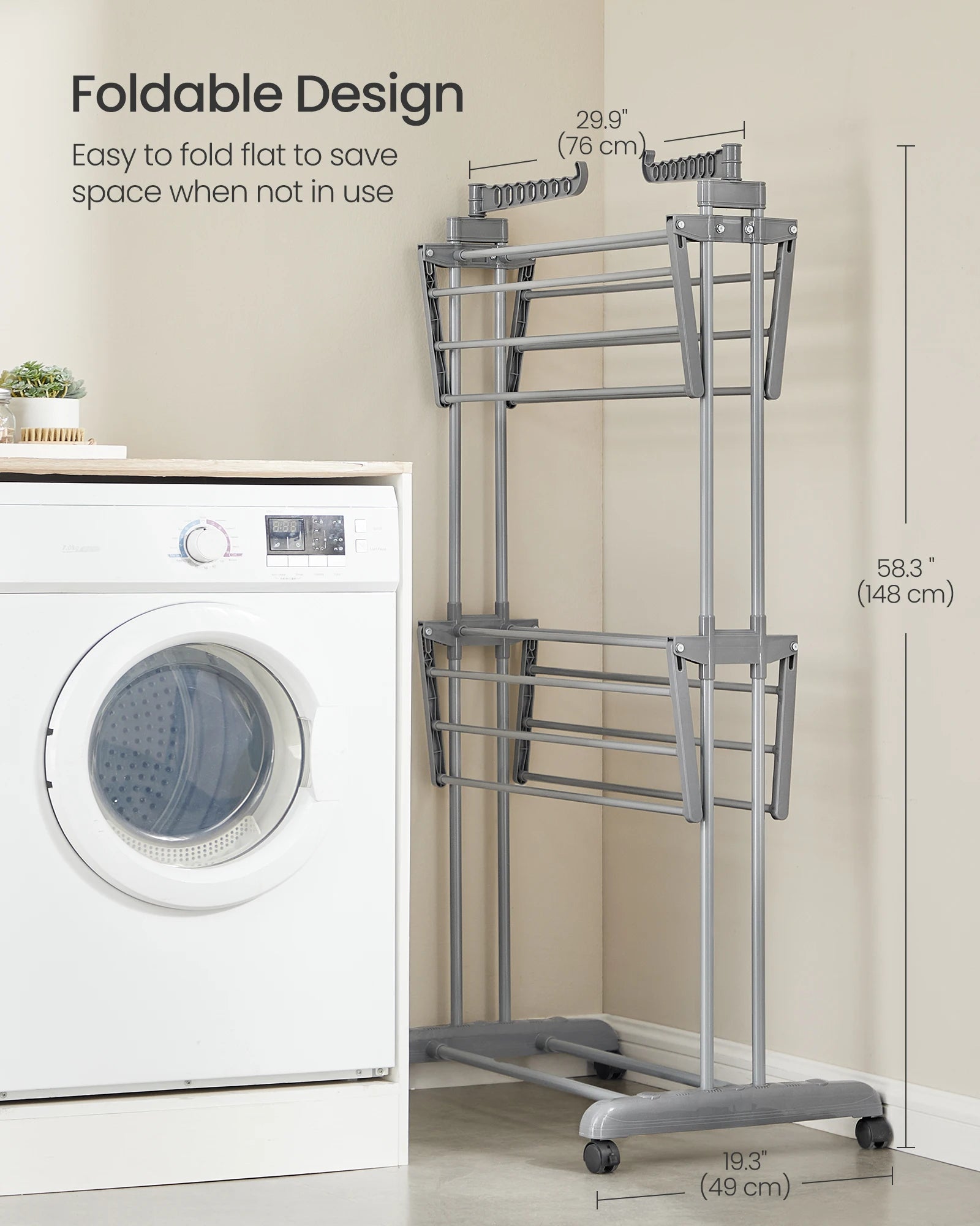 SONGMICS Clothes Drying Rack 3-Tier, Foldable Laundry Drying Rack 58.3-Inch Tall, Stainless Steel, Rolling Clothes Horses, Cloth