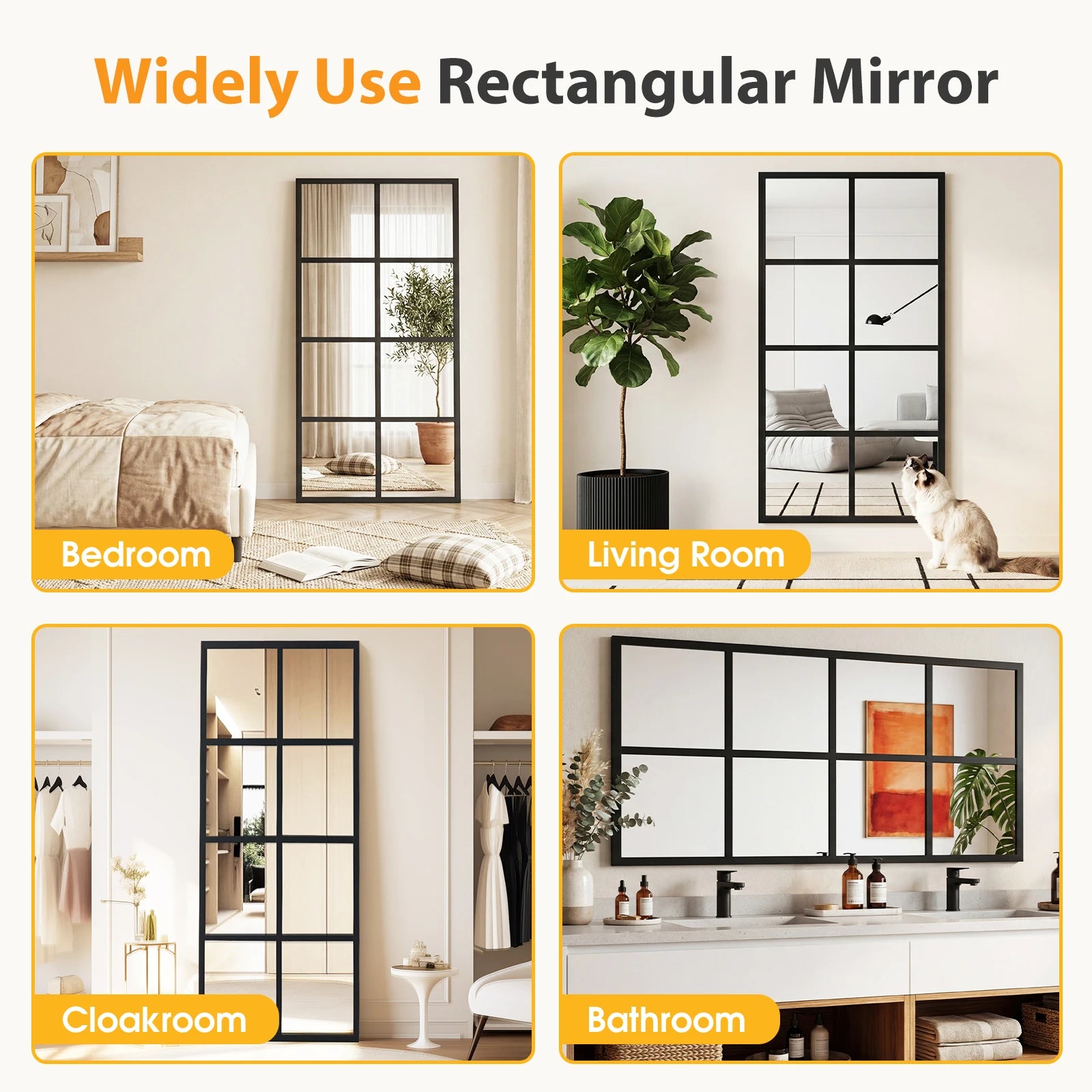 JHK Standing Hanging Full Body Wall Mirror Rectangle Window Pane Decorative Mirror Metal Framed Mirror for Bathroom Living Room