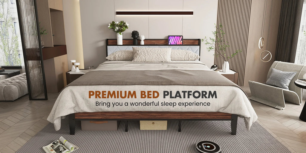 JHK King Size Soft Pack Heavy Duty Metal Bed Frame with Headboard Charging Station 1100lbs Capacity Easy Assembly For Bedroom