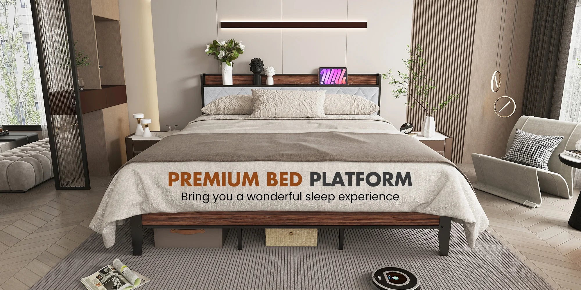 JHK King Size Soft Pack Heavy Duty Metal Bed Frame with Headboard Charging Station 1100lbs Capacity Easy Assembly For Bedroom