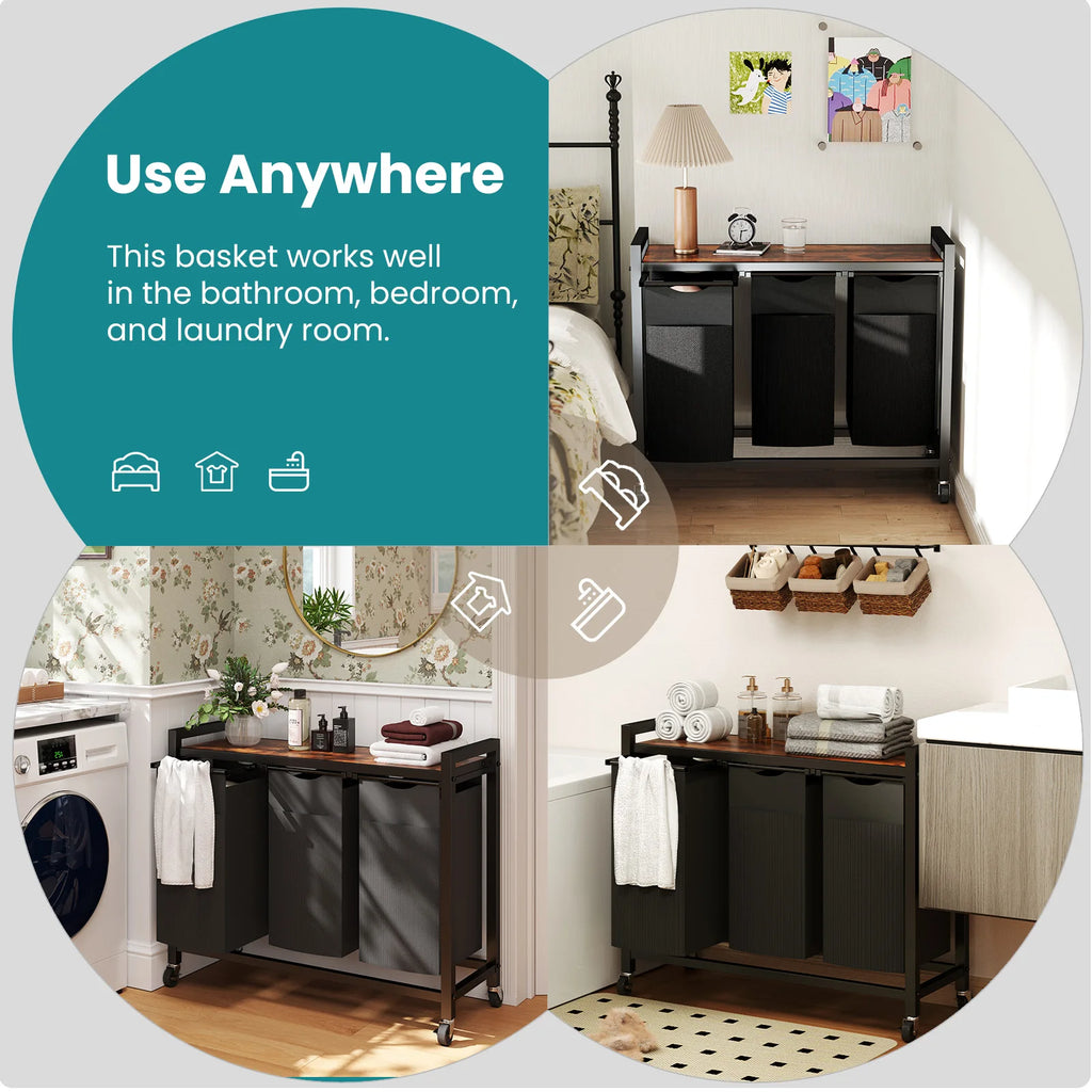 JHK 36IN Cabinets with Movable Wheels Metal Frame and Pull-Out Removable Sorter Bags Clothes Basket Organizer for Furniture