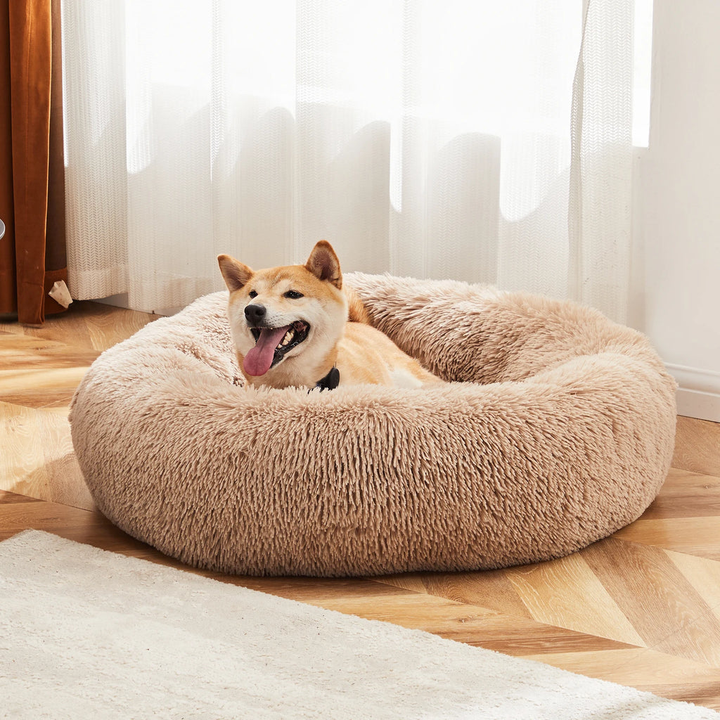 JHK Round Plush Faux Fur Calming Dog Bed for Medium to Large Dogs Washable Large Pet Bed Anti-Slip Fluffy Dog Bed For Home