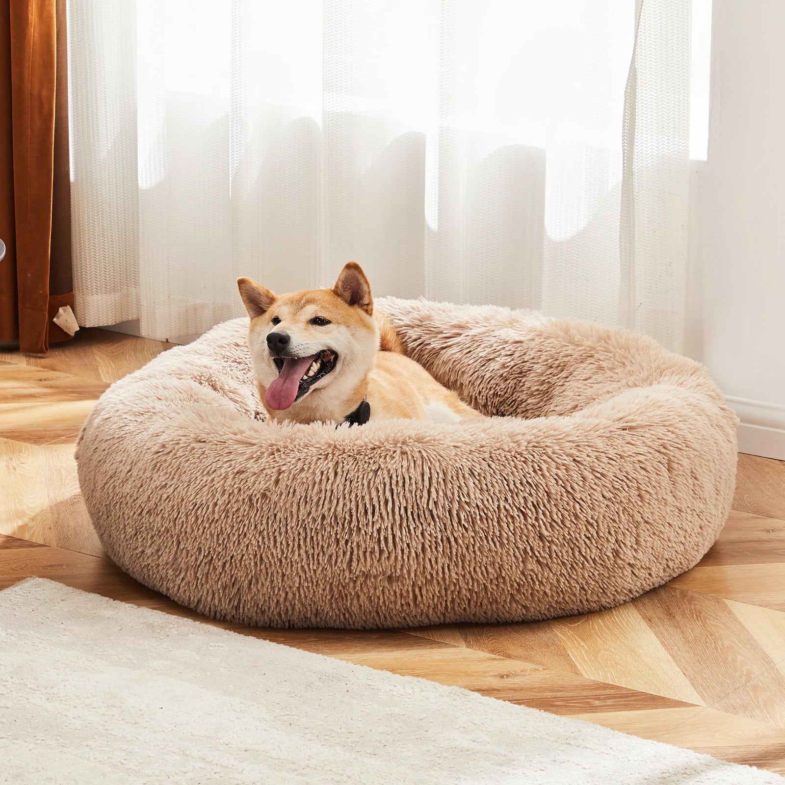 JHK Round Plush Faux Fur Calming Dog Bed for Medium to Large Dogs Washable Large Pet Bed Anti-Slip Fluffy Dog Bed For Home
