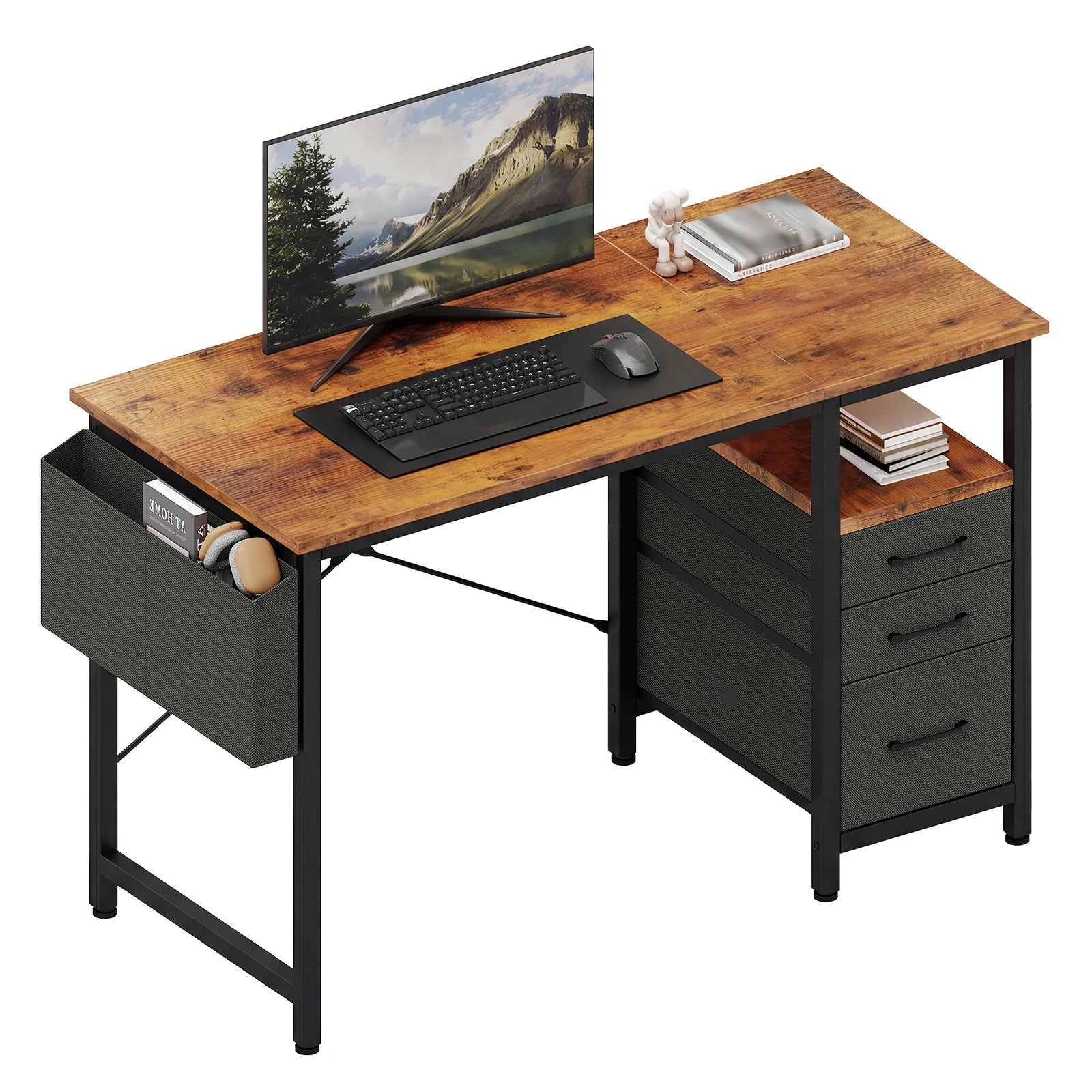 JHK 40 Inch Computer Desk with 3 Fabric Drawers Office Gaming Desk Writing Study Table with Side Pocket Space Saving Desk ﻿