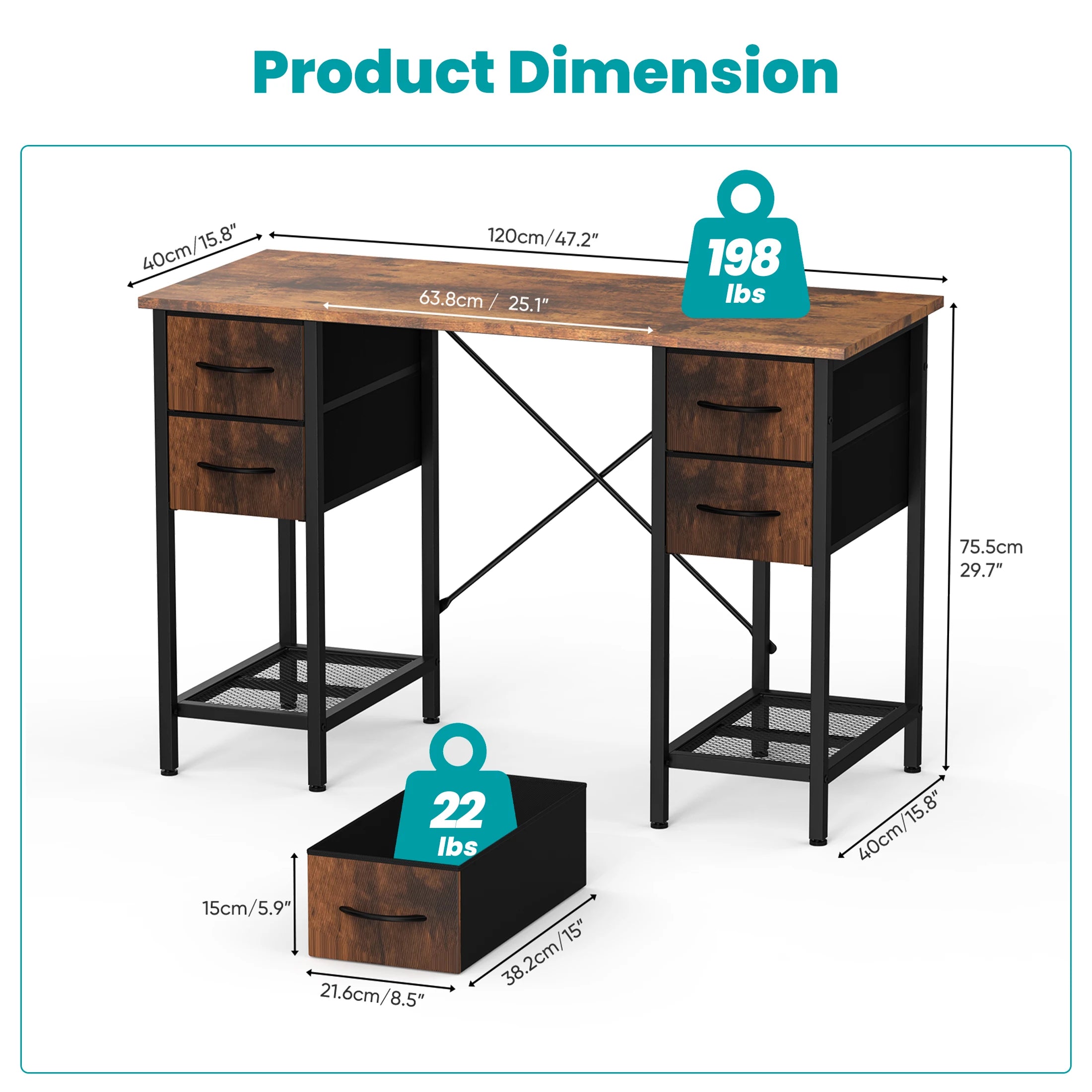 JHK 47IN Computer Desk with 4 Drawers Home Office Table with Mesh Shelf for Work Writing Gaming Storage Furniture for Bedroom