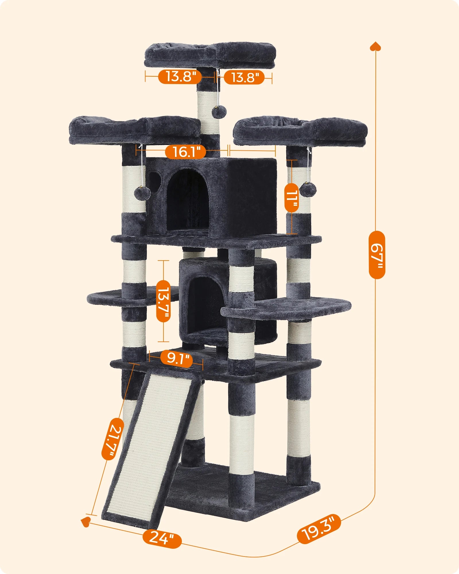 Feandrea 67 Inches Multi-Level Cat Tree for Large Cats, with Cozy Perches, Stable,