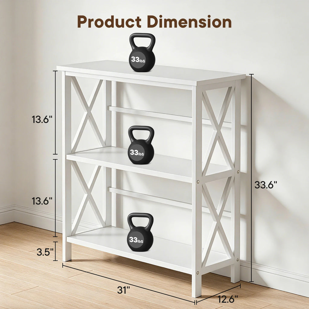 JHK 3 Tier Bookshelf with Wood Shelves Sturdy Wood Frame Heavy Duty X-Design Shelf Storage Organizer for Home Office
