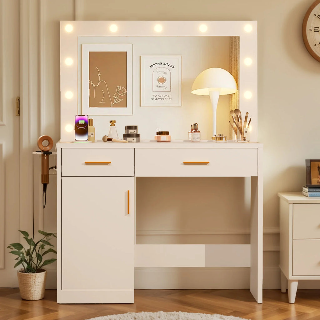 JHK Desser For Bedroom Vanity Desk with Mirror and Light Bulb or Strip LED Lights Adjustable Brightness with Charging Station