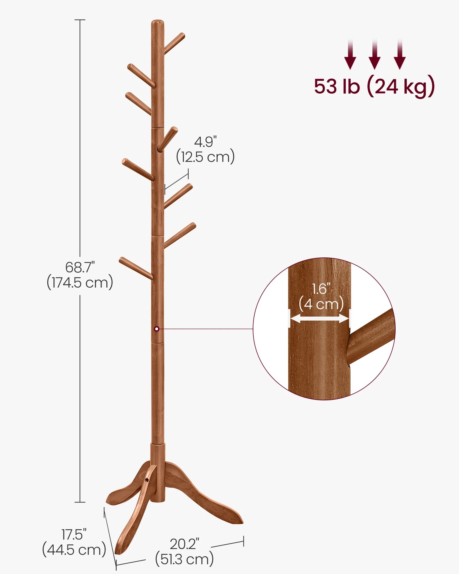 VASAGLE Solid Wood Coat Rack, Free Standing Tree-Shaped Coat Rack with 8 Hooks, 3 Height Options, for Clothes, Hats, Bags, Livin