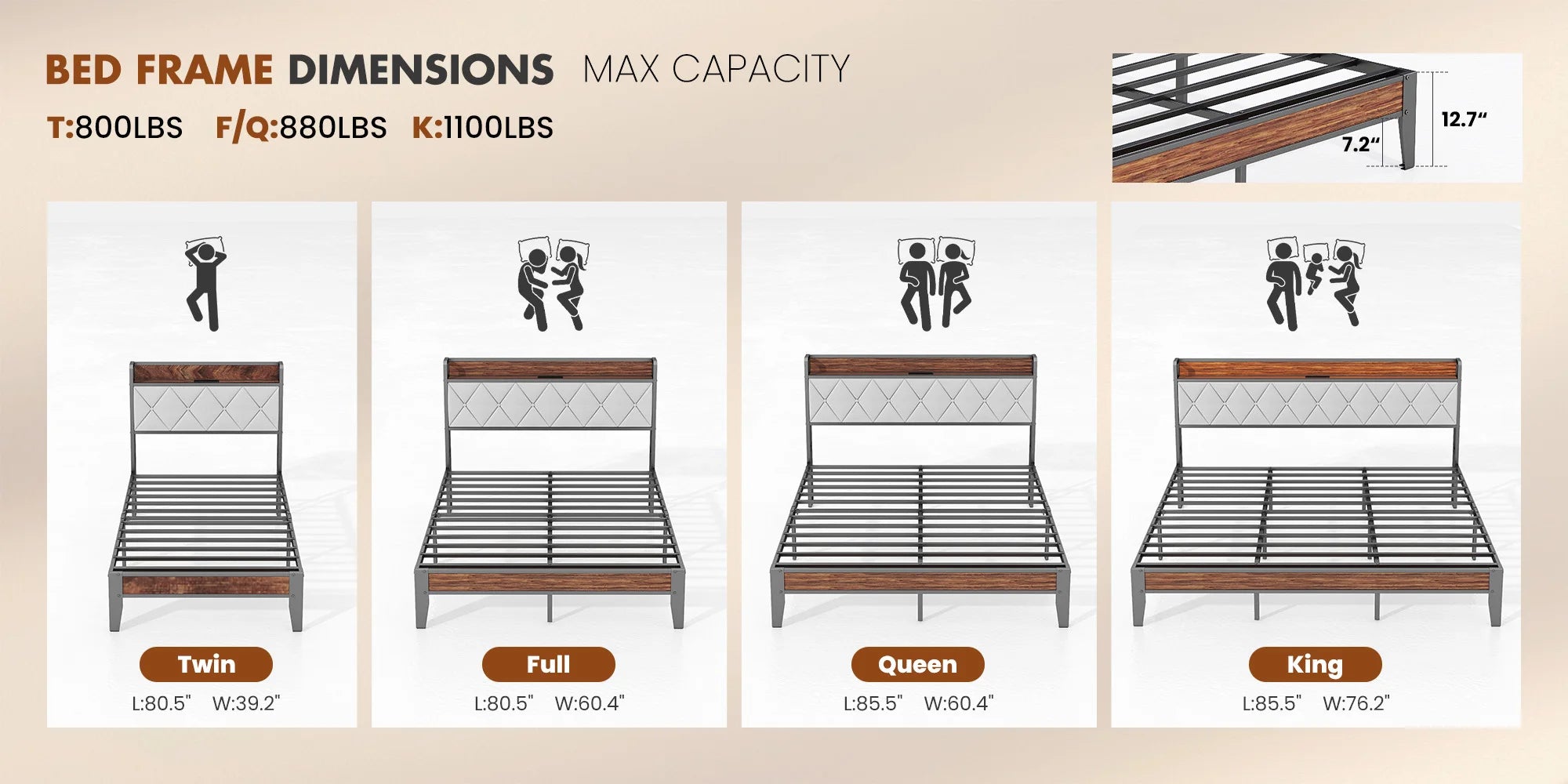 JHK King Size Soft Pack Heavy Duty Metal Bed Frame with Headboard Charging Station 1100lbs Capacity Easy Assembly For Bedroom