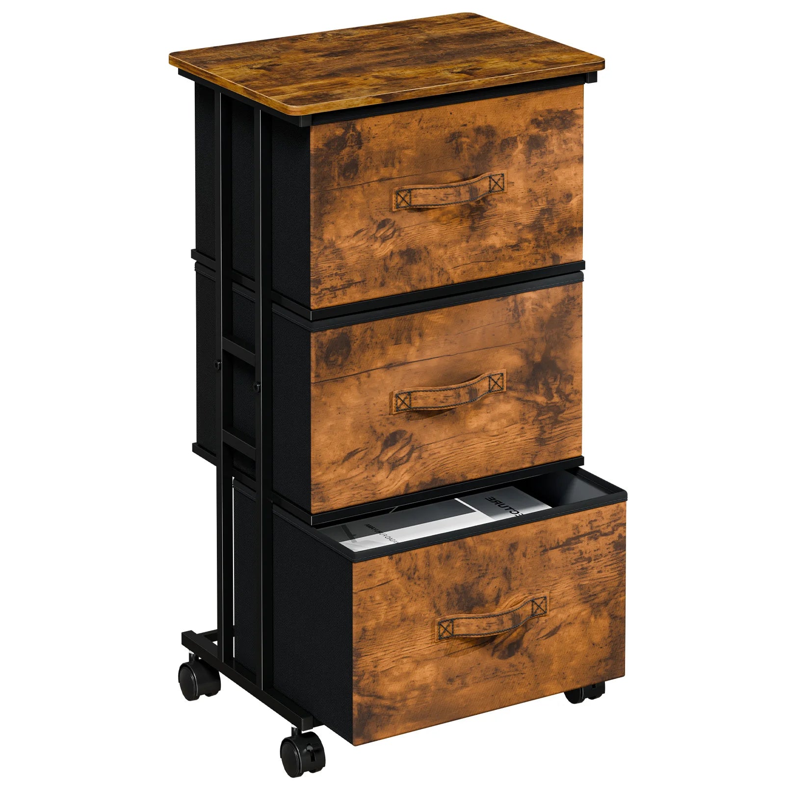 JHK 3 Foldable Fabric Drawers Cabinet For Living Room Wooden Top Movable Roller Beside Nightstand Tables With Steel Structure
