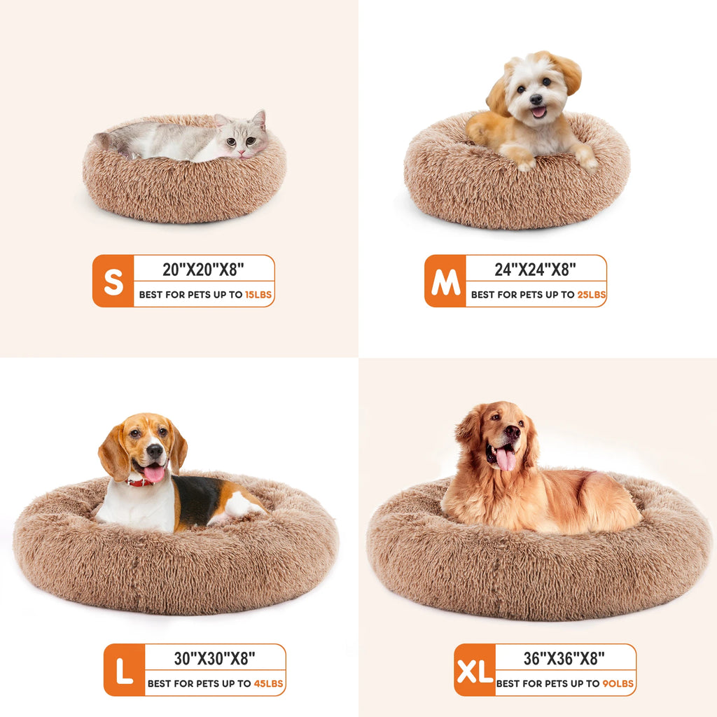 JHK Round Plush Faux Fur Calming Dog Bed for Medium to Large Dogs Washable Large Pet Bed Anti-Slip Fluffy Dog Bed For Home