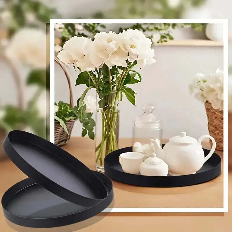 1pc Living Room Desktop Tray Bathroom Aromatherapy Tray Black Metal Round Multifunctional Desk Storage Rack