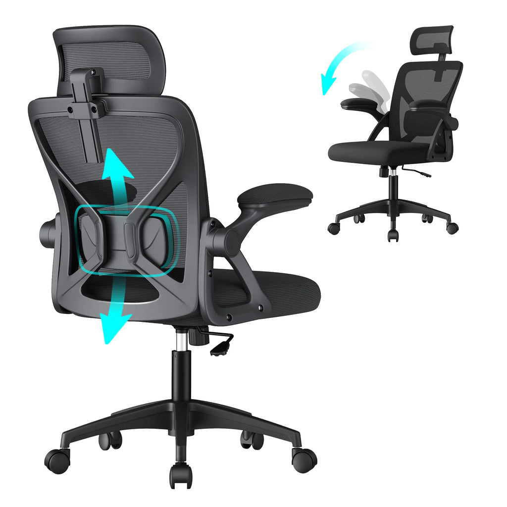 VASAGLE Ergonomic Mesh Office Chair with Adjustable Lumbar Support and Headrest, 90-105° Tilt Function, Wide Seat, Flip‑Up Armr