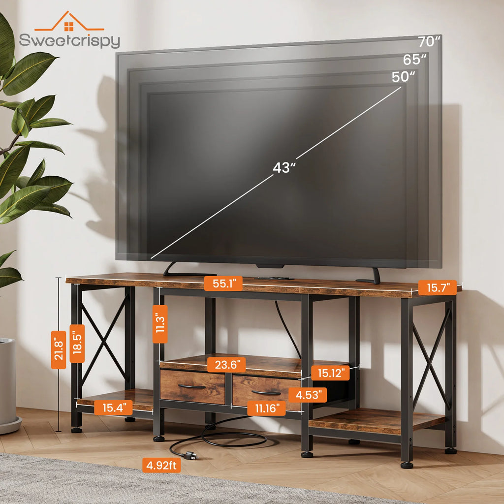JHK Wooden TV Stand For Up To 70/75 Inch TV with Drawers Television Stands Media Console with Charging Station Drawers Shelf