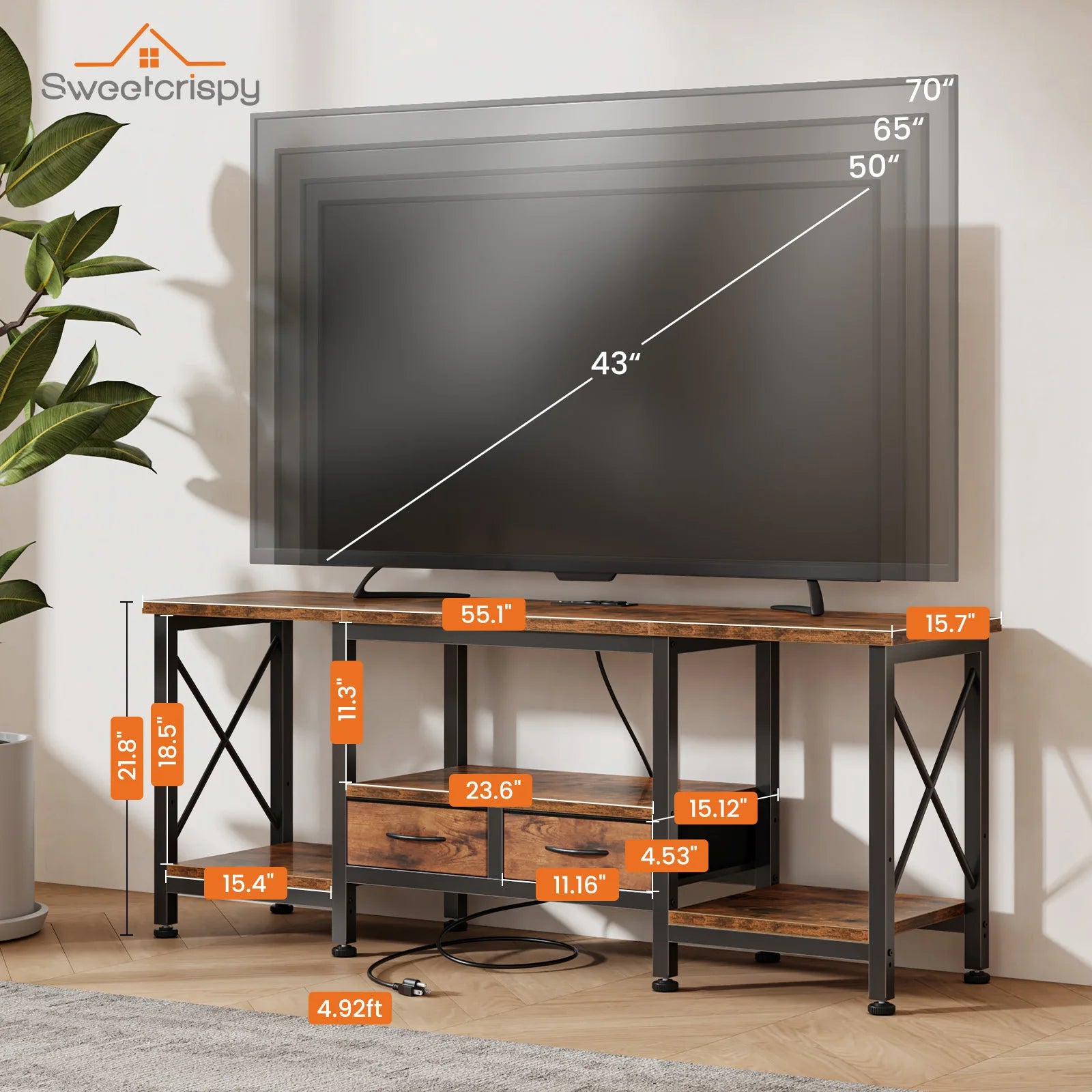 JHK Wooden TV Stand For Up To 70/75 Inch TV with Drawers Television Stands Media Console with Charging Station Drawers Shelf