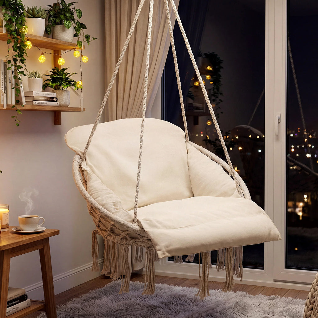 JHK 31in Hammock Hanging Chair with Oversized Padded Cushion Cotton Rope Swing Chair with Tassels 330 lb Capacity Outdoor