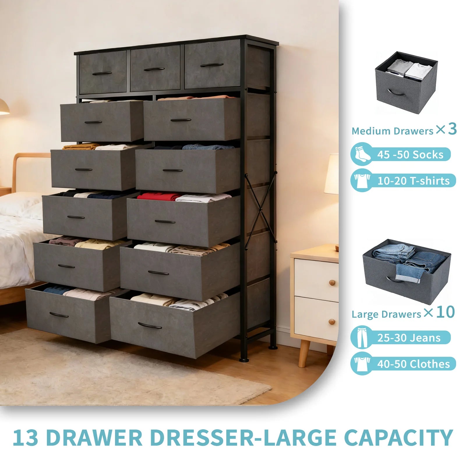 JHK Living Room 13 Fabric Drawers Cabinet Storage Organizer Cabinet Adjustable Feet Steel Frame Assembly Closet For Furniture