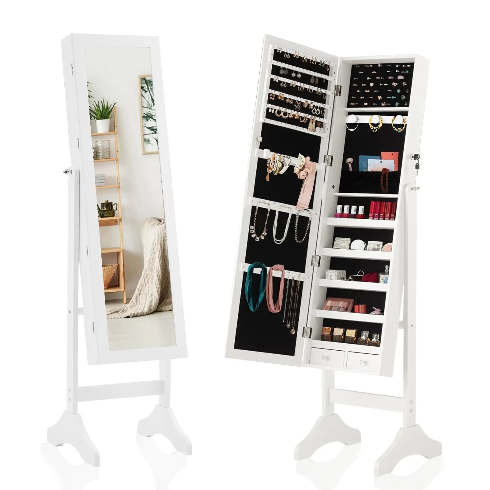 JHK Living Room Jewelry Armoire Cabinet 47.3 Inch Full Length Jewelry Organizer Standing Mirror Makeup Organizer Storage