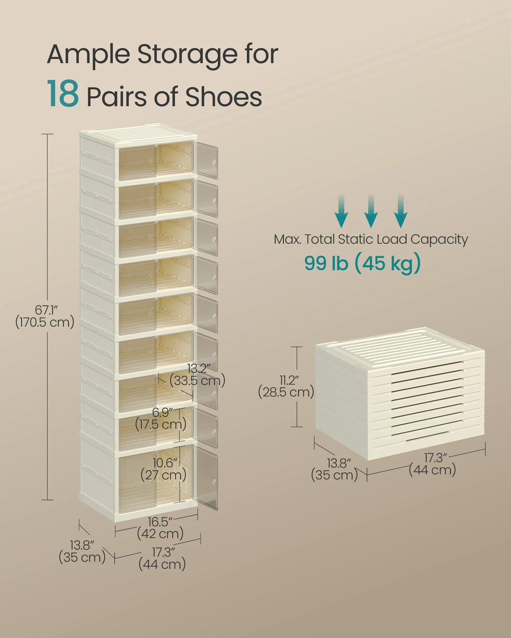 SONGMICS Foldble Shoe Storage Organizer for Closet, Stackable Sneaker Cabinet with Magnetic Door, Large Plastic Container Bins f