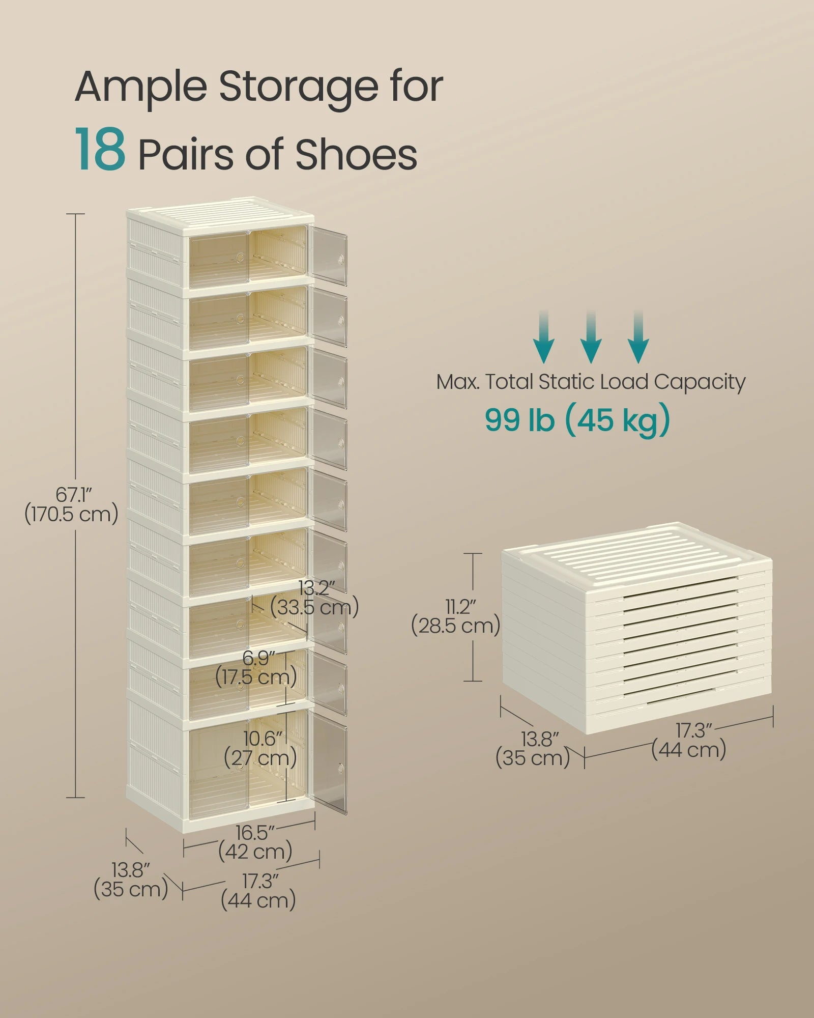 SONGMICS Foldble Shoe Storage Organizer for Closet, Stackable Sneaker Cabinet with Magnetic Door, Large Plastic Container Bins f