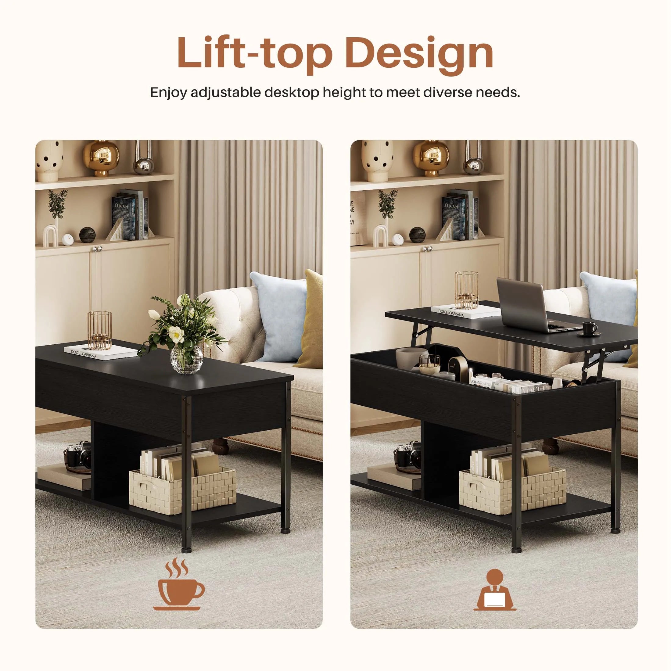 JHK 39IN Lift Top Coffee Tables For Living Room Wood Dining Tables Adjustable Height Storage Shelf Easy Lift Or Lower Tea Desk