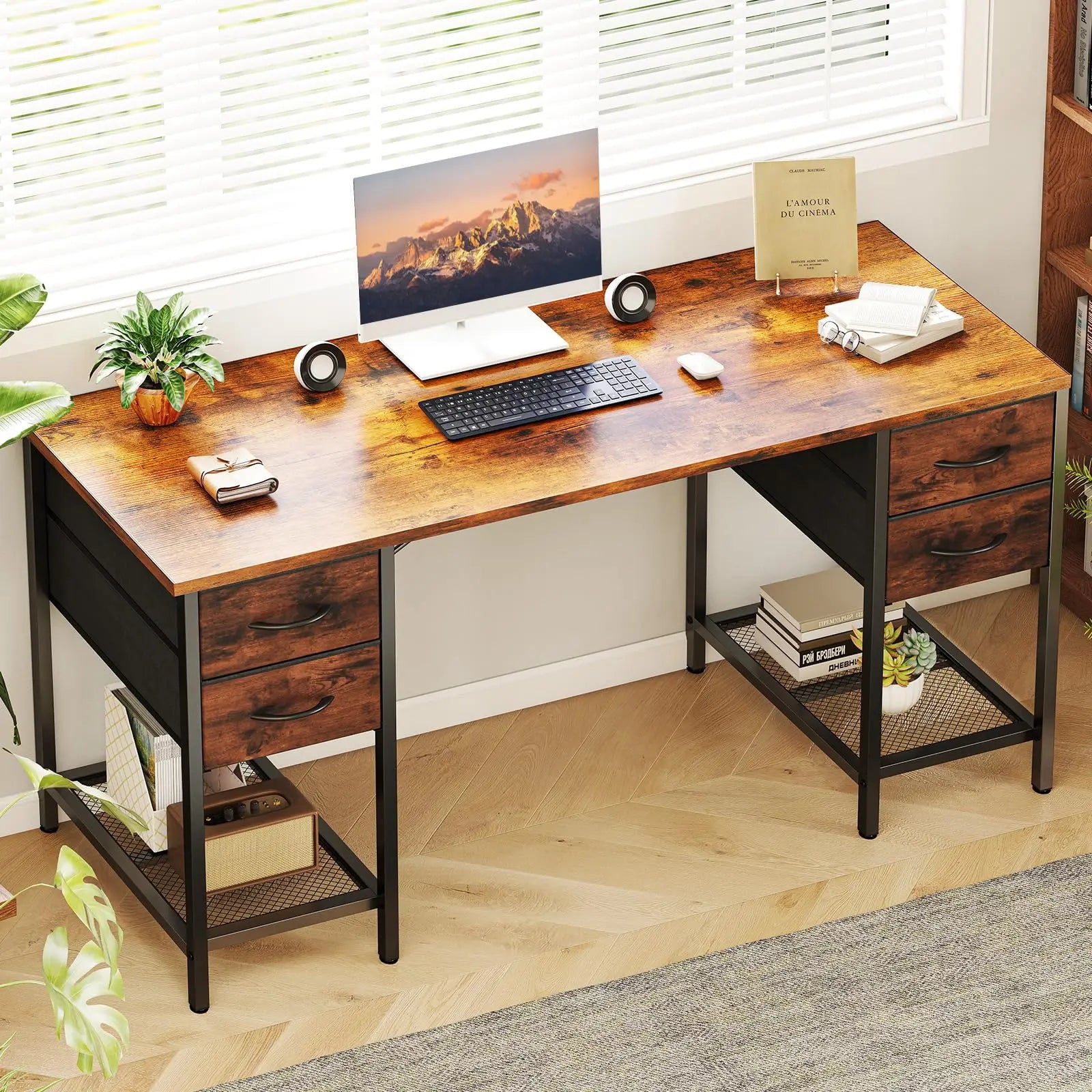 JHK Computer Desk 55 Inch with 4 Drawers Home Office Table with Mesh Shelf for Work Writing Gaming Storage Furniture for Bedroom