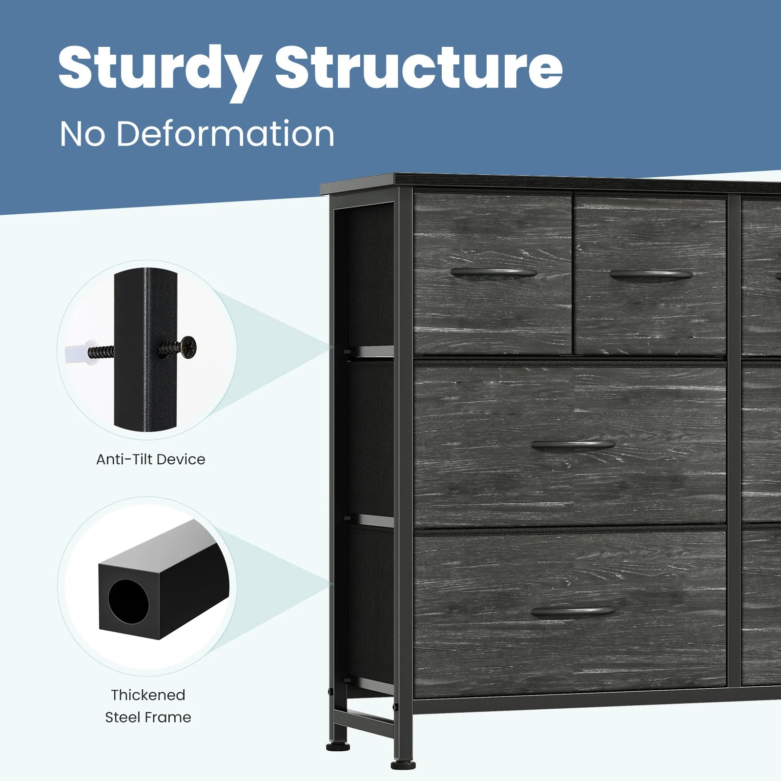 JHK Cabinet For Living Room With 8 Fabric Drawers Spacious Storage Tower for Closet TV Stand with Wood Top and Mental Frame