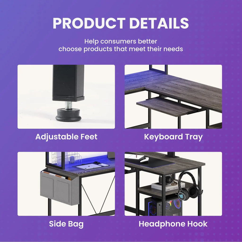JHK 67IN L Shaped Reversible Gaming Desk with Led Lights Corner Table Keyboard Tray Side Bag Storage Shelf Wood Table for Office